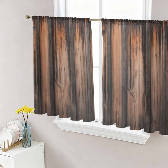 Retro Farmhouse Sheer Curtains 54 Inch Length 2 Panels Set Window Treatments, Brown Wooden Grain Cabin Country Plank Rod Pocket Semi Curtains for Living Room/Bedroom/Kitchen Décor, 104"W x 54"L