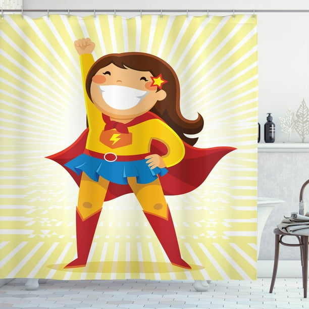 Superhero Shower Curtain Courageous Little Girl With A Big Smile In Costume Standing Heroic Position Fabric Bathroom Set Hooks 69w X 70l Inches Multicolor By Ambesonne Com Superhero Shower Curtain Courageous, Superhero Shower Curtain