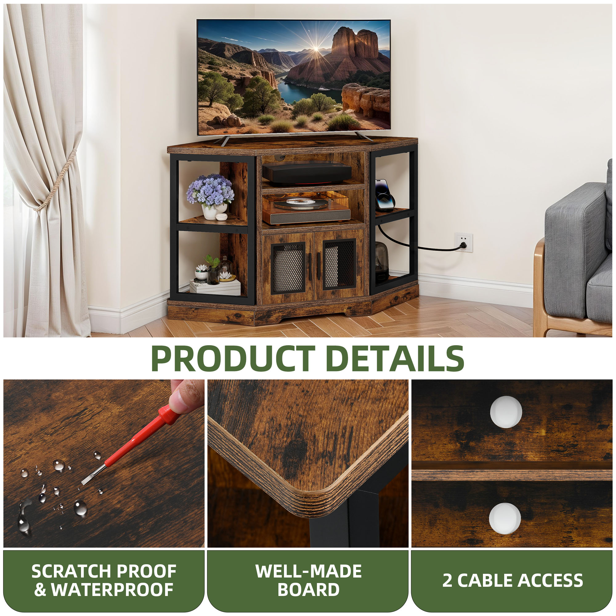 Uforic Modern Corner TV Stand with Adjustable Layer Board, Double Door Mesh Cabinet & 96-Hole Metal Handle, with 2 Outlets 2 USB Ports Power Socket,Brown
