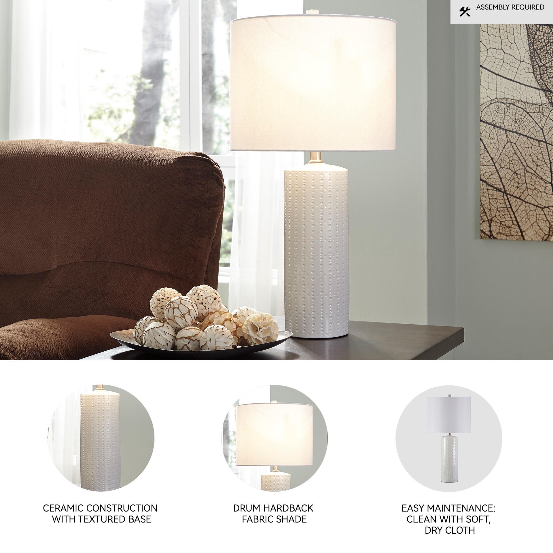 Signature Design by Ashley Steuben Ceramic Table Lamp Set (2), White, Contemporary Textured Lamps with Drum Shades and 3-Way Switch