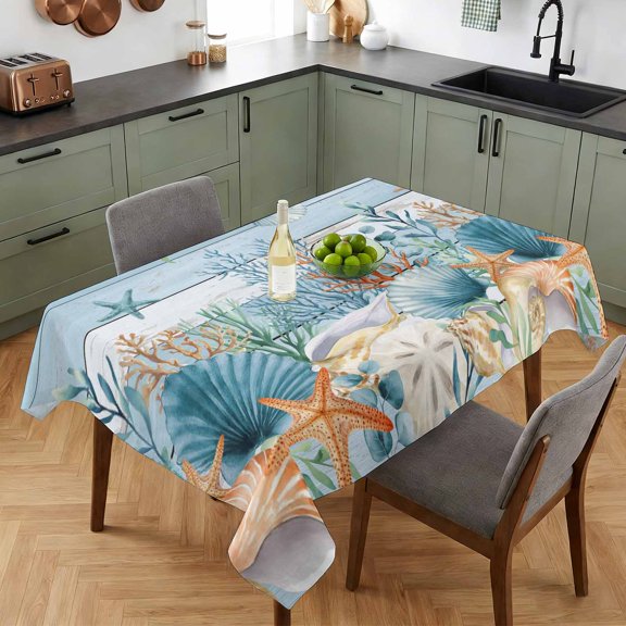 Rectangle Tablecloth-52x70in,Summer Ocean Starfish Shells Waterproof Table Cloth Kitchen Dining Tables Cover for Indoor Outdoor Wedding Holiday Party,Abstract Coral Blue Plank