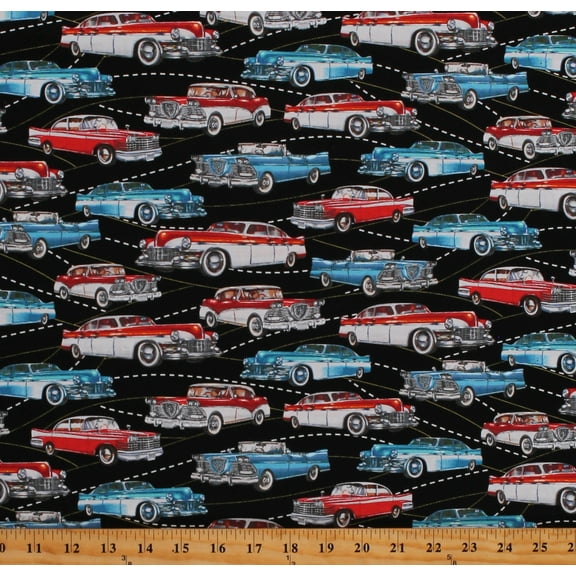 Cotton Antique Cars Transportation Travel Across Country Life's A Kick Black Cotton Fabric Print by the Yard (1656-99)