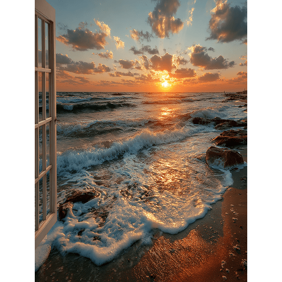 Ocean Beach Window Sunset Canvas Print, Modern Window View Art, Ready To Hang Coastal Home Wall Decor