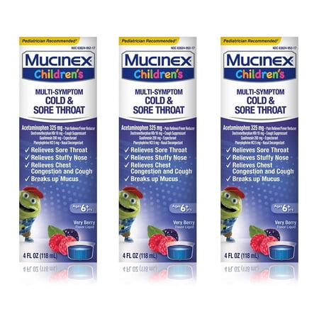 Mucinex Children's Cold, Cough and Sore Throat, Age 6+, Mixed Berry Flavor, 4 Oz (Pack of 3)