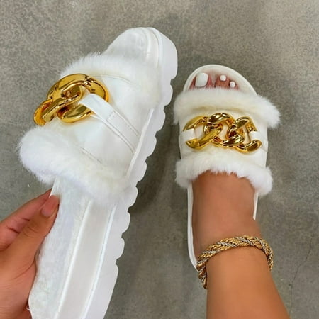 

ZXHACSJ Women s Shoes Platform Thick Bottom Round Metal Decoration Hyoma Slippers White 41