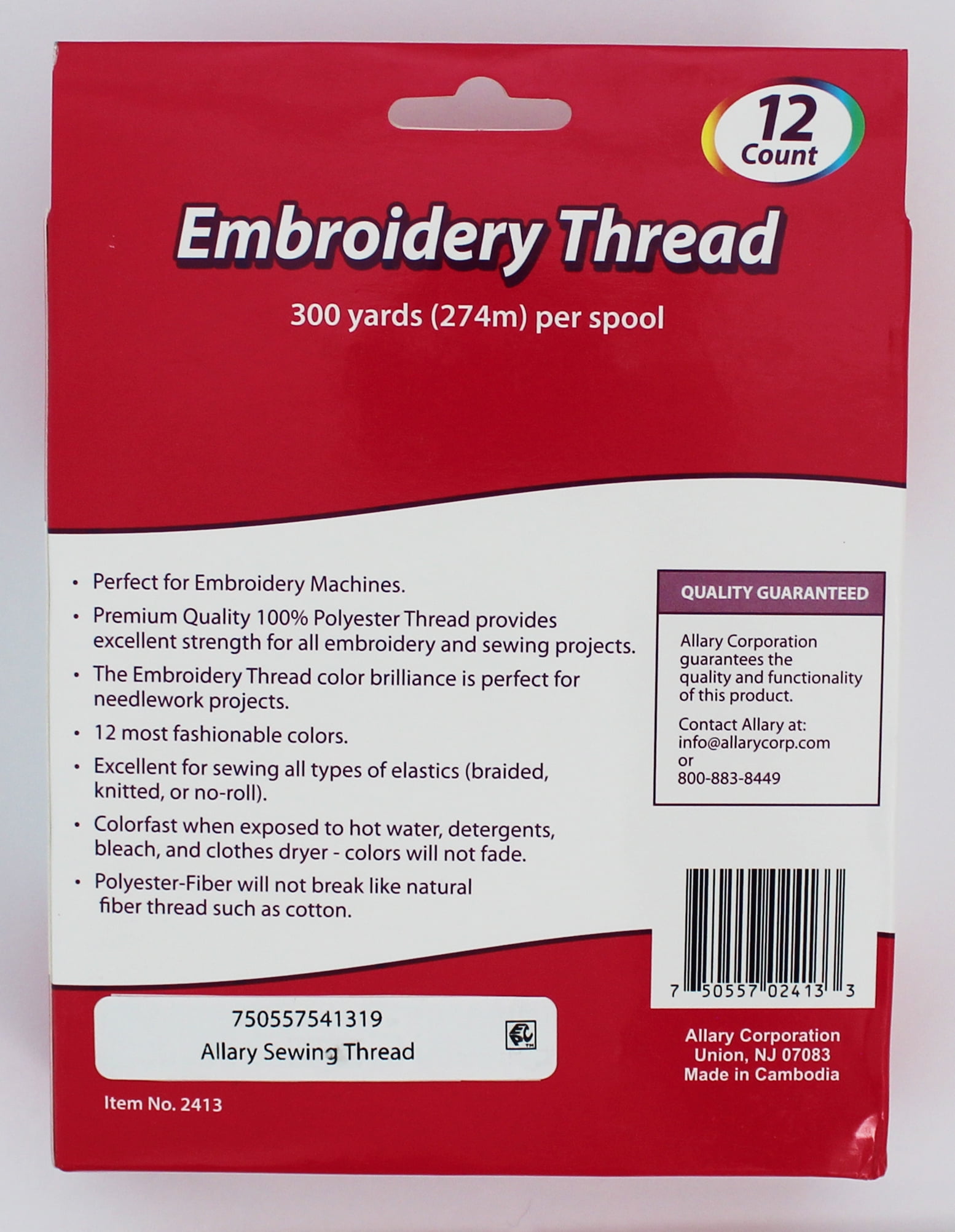 Allary  100% Polyester Embroidery Thread, Assorted Colors, 300 Yd. Spools, 12 Ct.