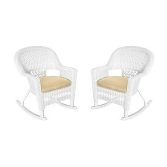 Jeco Rocker Wicker Chair in White with Tan Cushion (Set of 2)