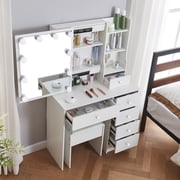 JBLCC Modern Makeup Vanity with LED Lighted Mirror and Stool, Vanity Table for Bedroom, Vanity Desk with Storage Shelves & Drawers, White