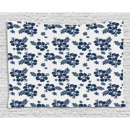 Aloha 40 Inches Home Decor - Hawaii Tapestry, Monochrome Foliage Bouquet Abstract Art The Flower of Aloha State Hibiscus, Wall Hanging for Bedroom Living Room Dorm Decor, 60W X 40L Inches, Navy Blue White, by Ambesonne