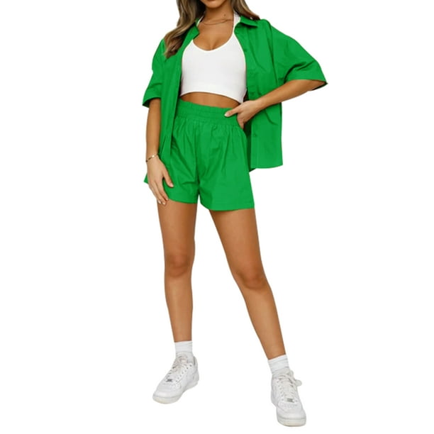 Sunloudy Conjunto de 2 piezas de verano a juego para mujer, camisa abotonada de media manga de color sólido + conjunto de pantalones cortos con cintura elástica para damas Sunloudy S M L XL XXL