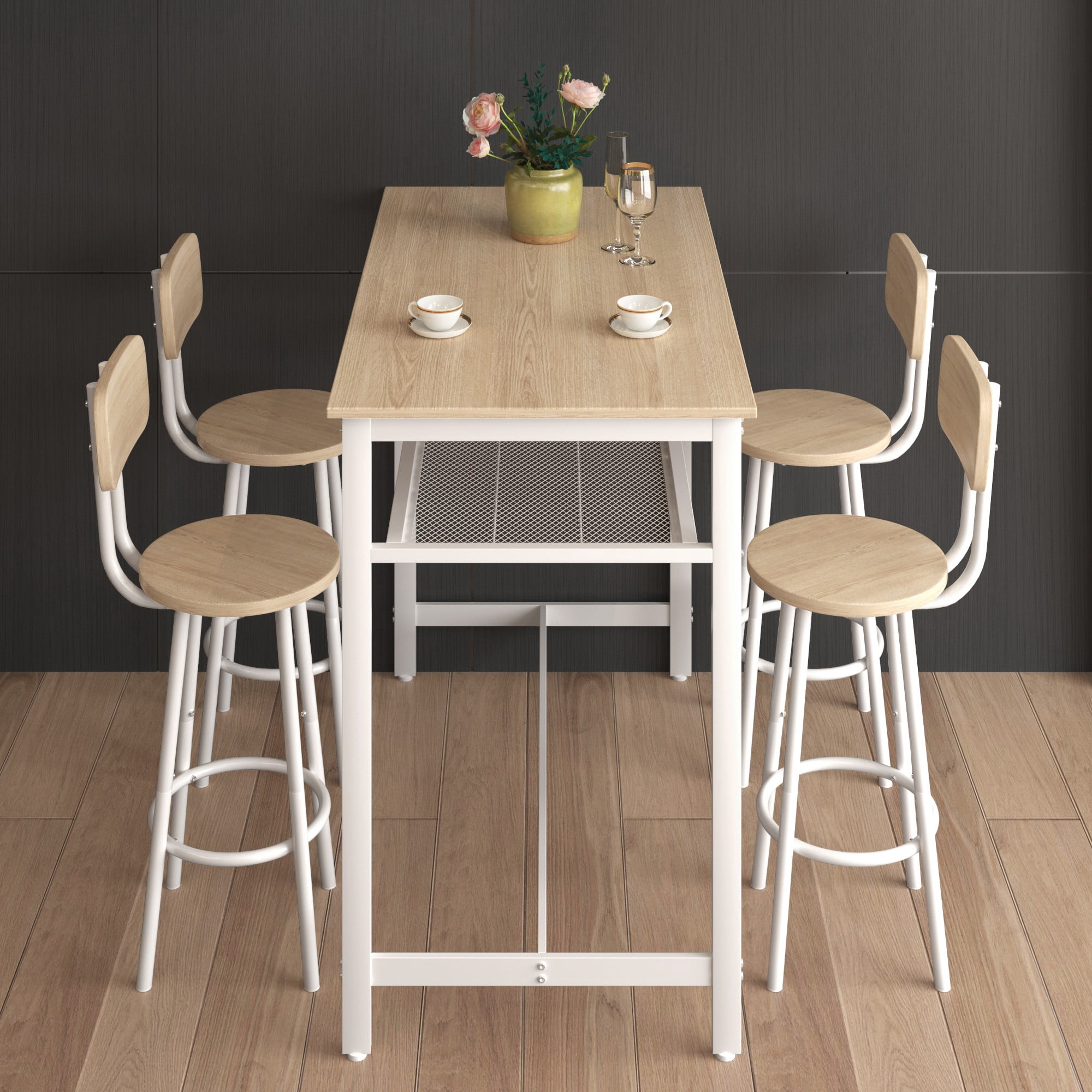 Aukfa 5-Piece Bar Table Set with Metal Shelf, Counter Height Dining Table & 4 Stools, Space-Saving Kitchen Pub Set for Small Spaces, Oak - Industrial Style
