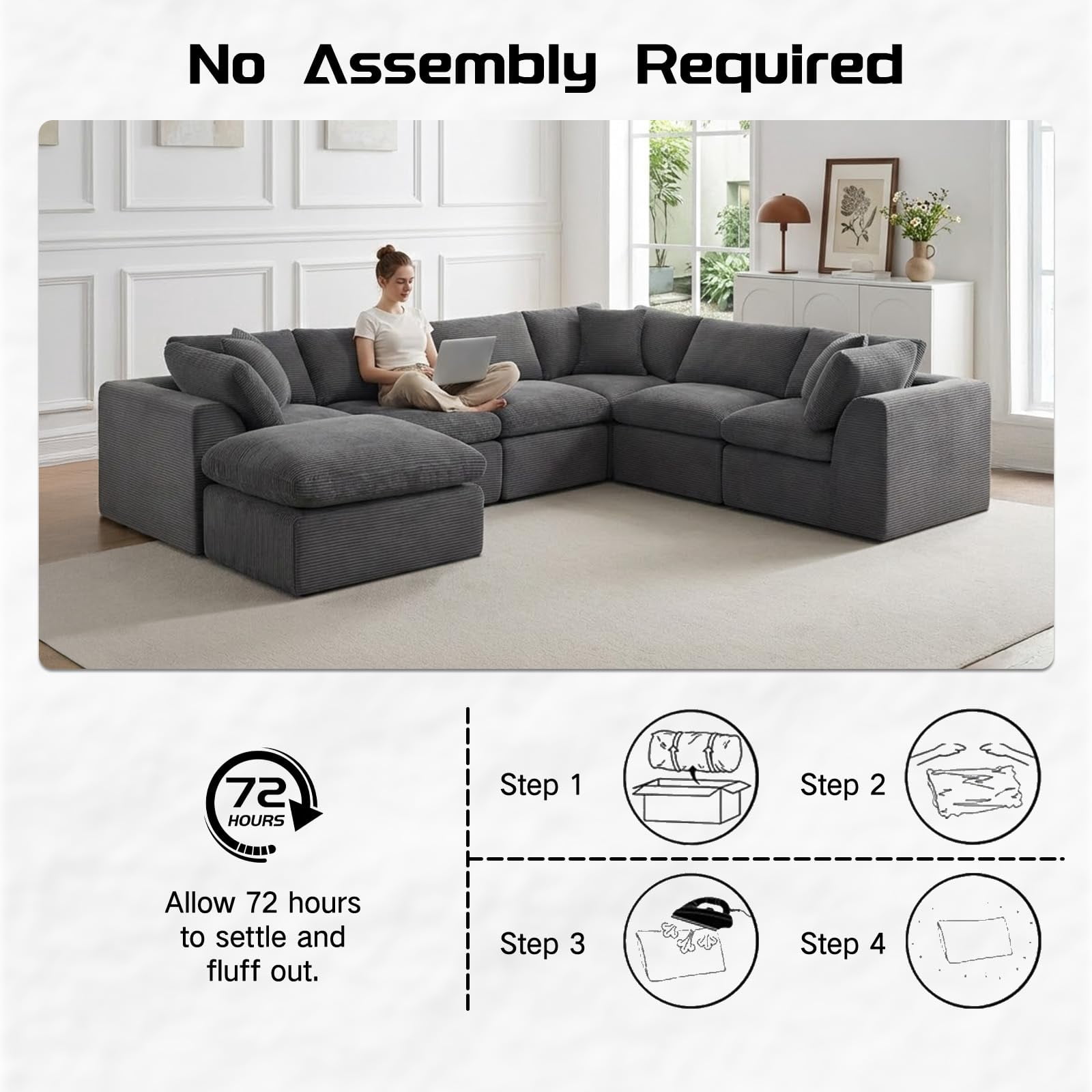 140" Modular 7 Seater Boneless Sofa Sectional Cloud Couches Sofa with Ottoman,No Assembly Required