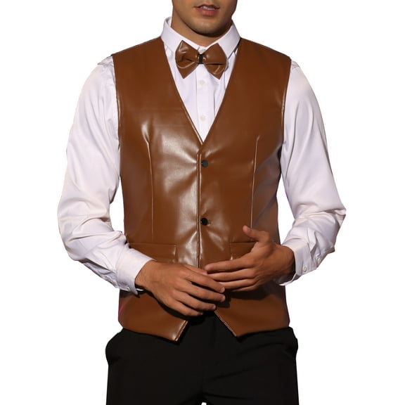 INSPIRE CHIC Faux Leather Suit Vest for Men's Formal Western PU Waistcoat with Bow-Tie M Brown