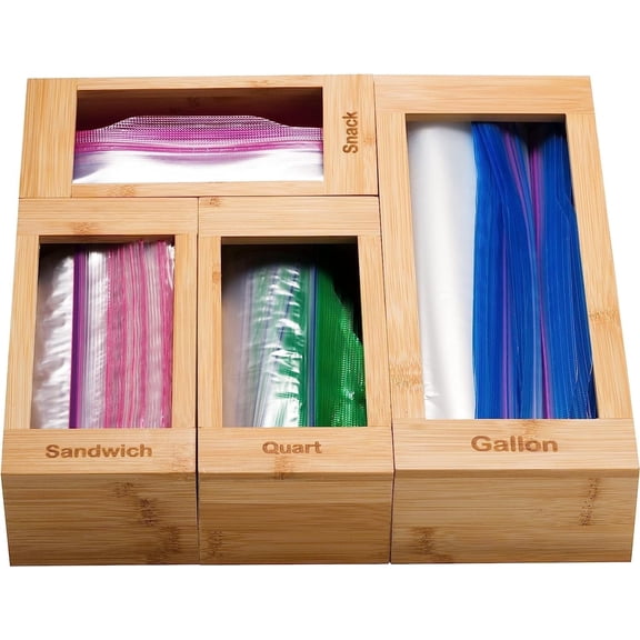 Bartnelli Seal-Top Plastic Bag Organizer 4-Compartment Bamboo Kitchen Drawer Organizer, Storage Bag Organizer