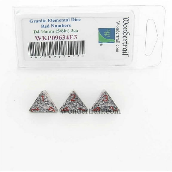 Granite Elemental Dice with Red Numbers D4 16mm (5/8in) Pack of 3 Wondertrail