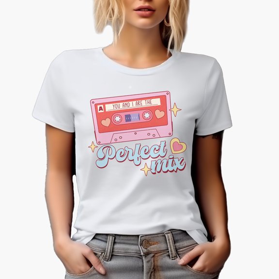 You and I Are the Perfect Mix, 90s Retro Valentine's Day Cassette Tape Art Merch Gift, White T-Shirt, Small
