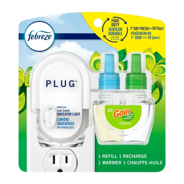 Febreze Plug In Air Freshener, Odor-Fighting Scented Oil Starter Kit, Gain Scent, 1 Warmer + 1 Refill