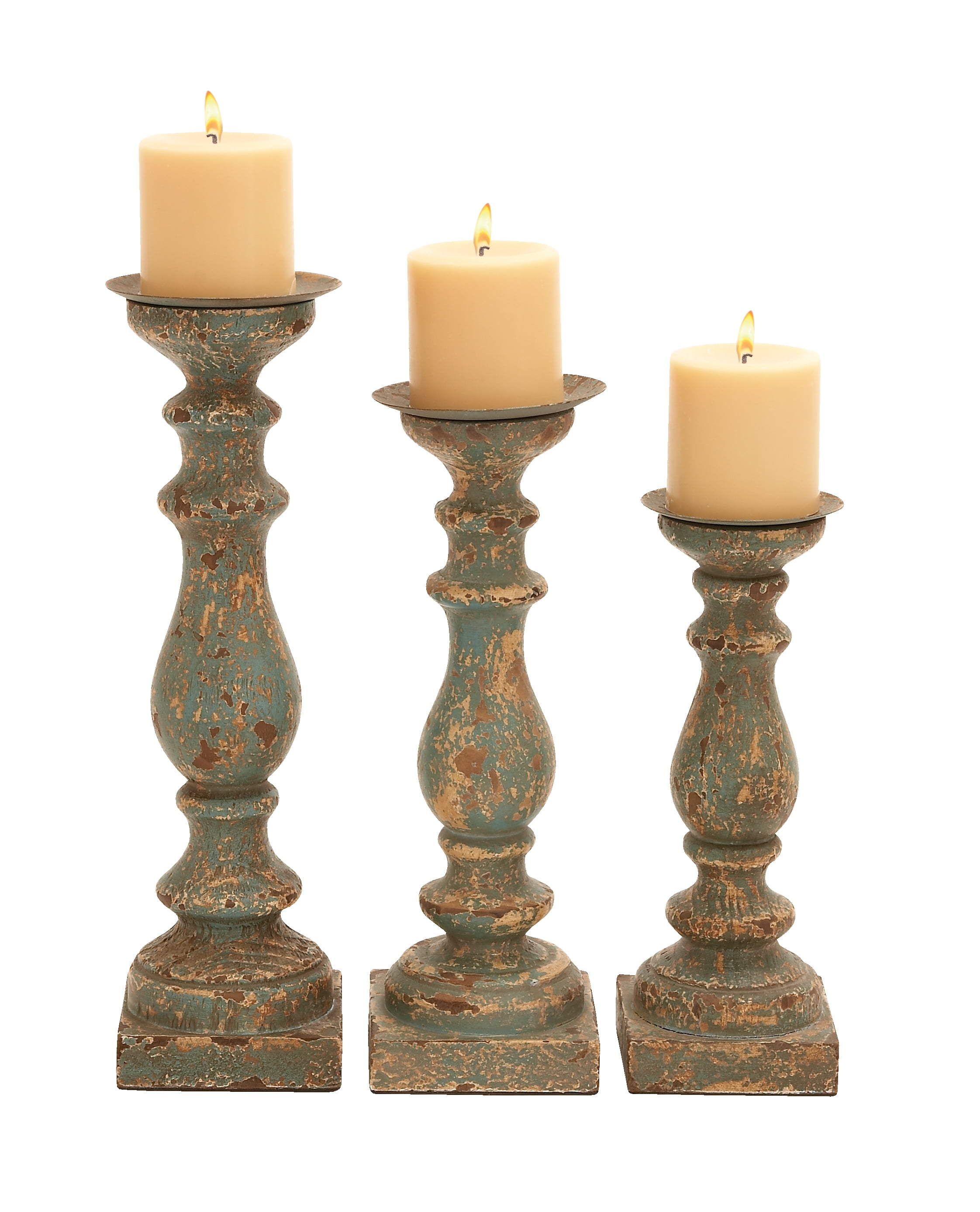 Decmode Eclectic 12, 14 And 15 Inch Turned Wooden Candle Holders Set