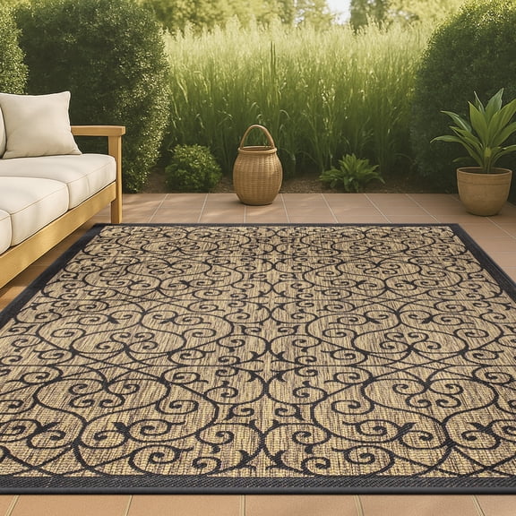 JONATHAN Y SANTA MONICA 8 x 10 Area Rug, Madrid Vintage Filigree Textured Weave - Black/Khaki, SMB107A-8