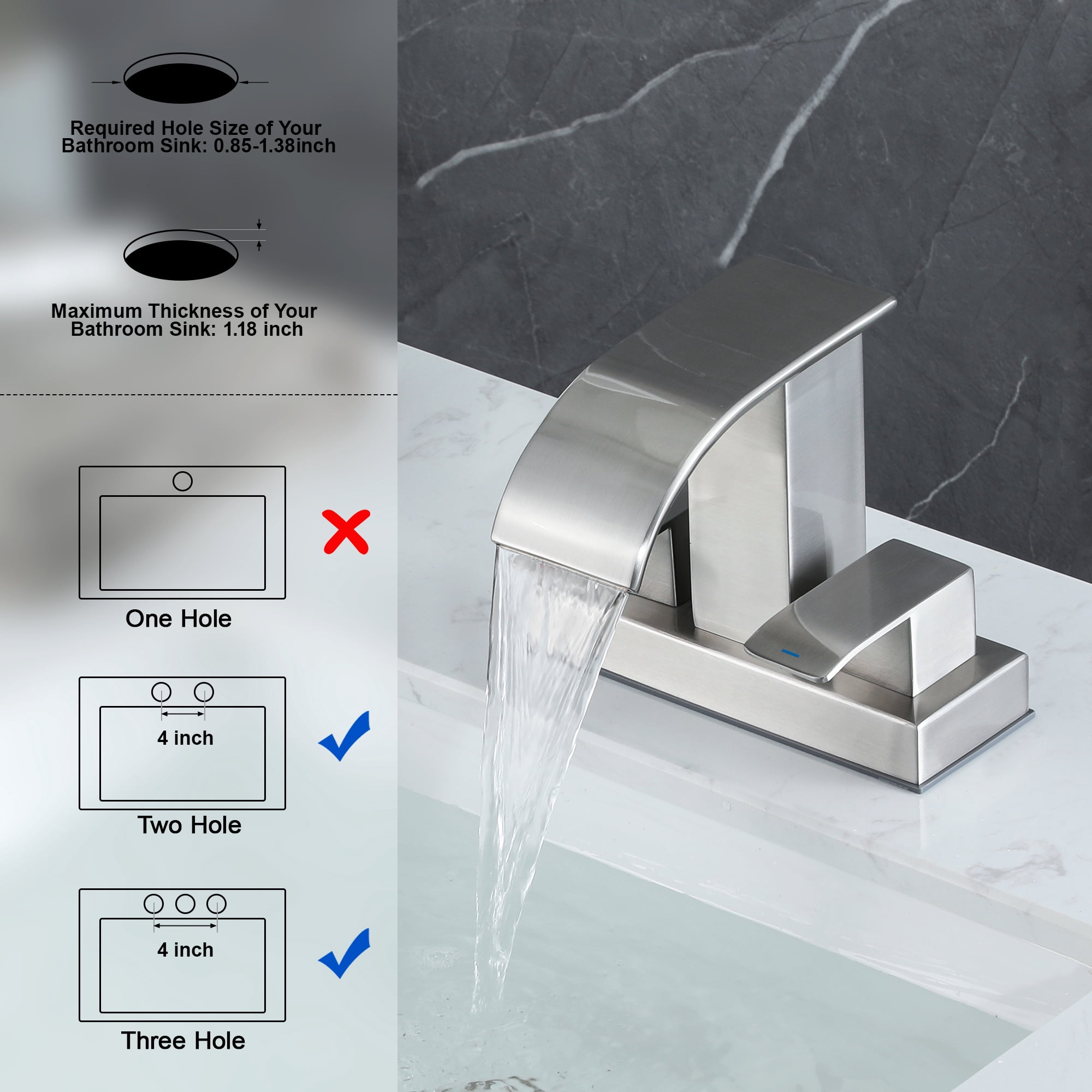 Waterfall Bathroom Faucet - 2 Handle 4 Inch Centerset Faucet for Lavatory Bathroom Sink, with cUPC Faucet Supply Line Hoses for Bathroom Restroom Vanity Lavatory, Brushed Nickel