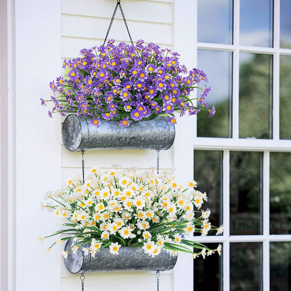 6 Bundles Outdoor Artificial Daisies Fake Flowers UV Resistant Shrubs, Faux Plastic Greenery for Indoor Outside Hanging Plants Garden Porch Window Box Home Wedding Farmhouse Decor (White)