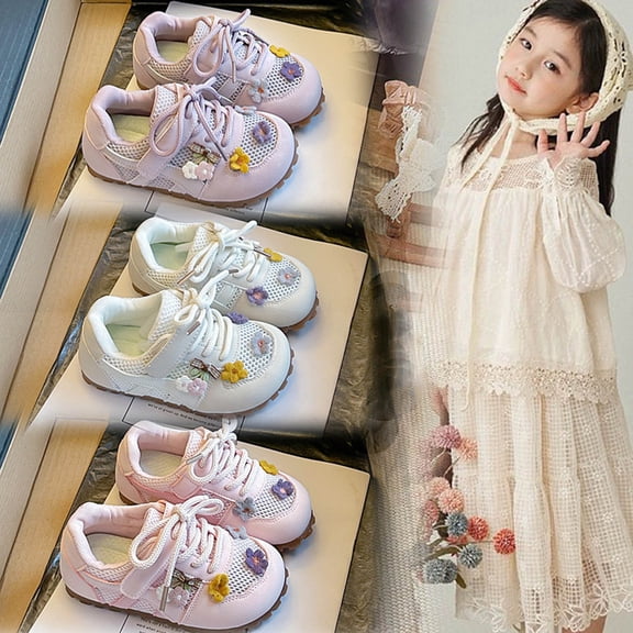 Einccm Girls Breathable Mesh Sports Sneakers Lace-Up Non-Slip Lightweight Casual Athletic Shoes with Floral Embroidery Hollow-Out Design for Spring Summer School Walking Outdoor Play