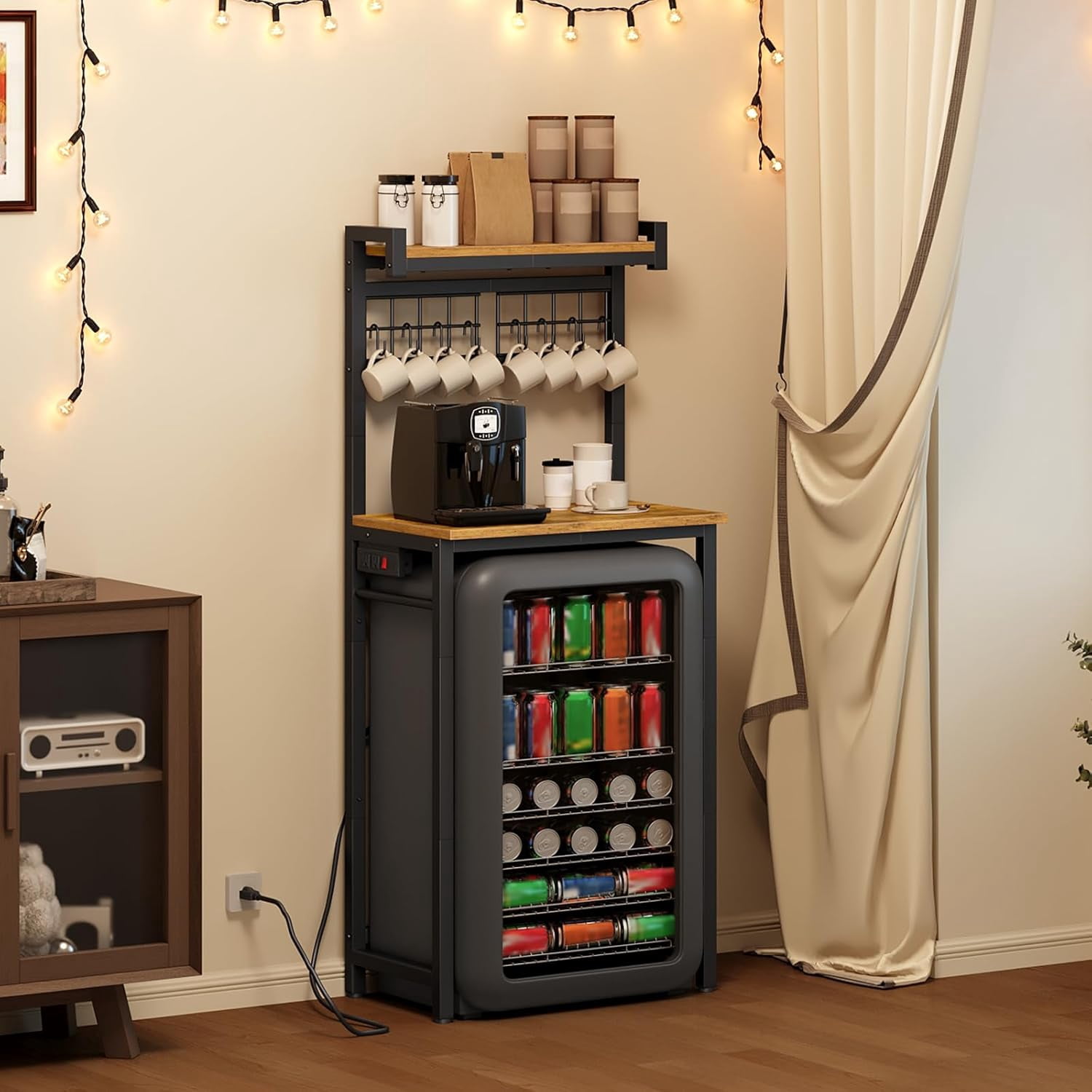 Bakers Rack with Mini Fridge Stand 57.5" H, Microwave Stand with Charging Station Coffee Bar with 8 Hooks X‑Shaped Brace Rustic Brown