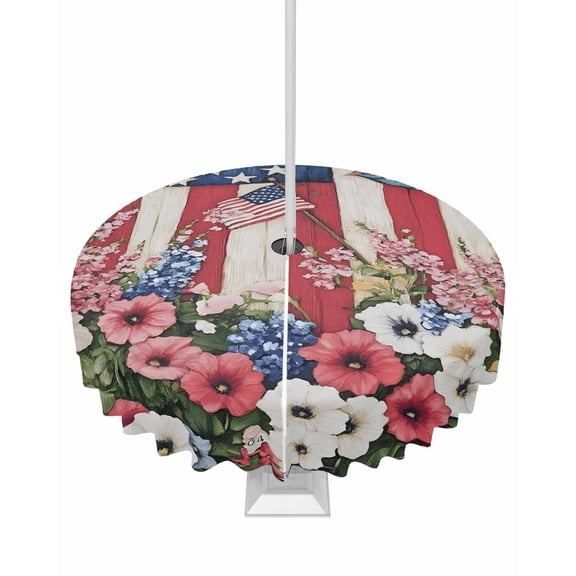 Fsddascl 4th of July Outdoor Tablecloth - 60 Inch Round Dining Table Cover, Red Blue Floral Vintage Independence Day Waterproof Outdoor Table Cloth with Umbrella Hole & Zipper for Picnic/Patio/Party