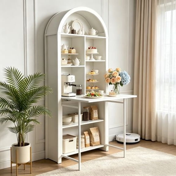 WUSCASA 70.8" Tall Arched Bookshelf, Vintage Arch Bookcase with Folding Craft Desk, Storage Display Cabinet for Living Room, Home Office