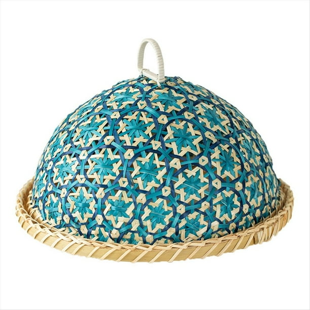 de Fruta de Ratán Tejido A Mano, Cesta de Pan, Tapa Redonda, A Prueba de Insectos, Cubierta para Mesa de Comedor, Cubierta para Arroz y Restos de Fruta, Color Azul.