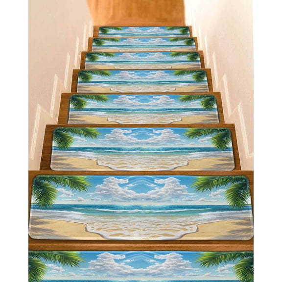 Summer Beach Stair Treads Non Slip Indoor for Wooden Steps, Coastal Ocean Tropical Palm Trees 4 Pcs Stair Mats for Elders Dogs, 8 x 30 Inch Carpet Treads Runner Rugs for Staircase