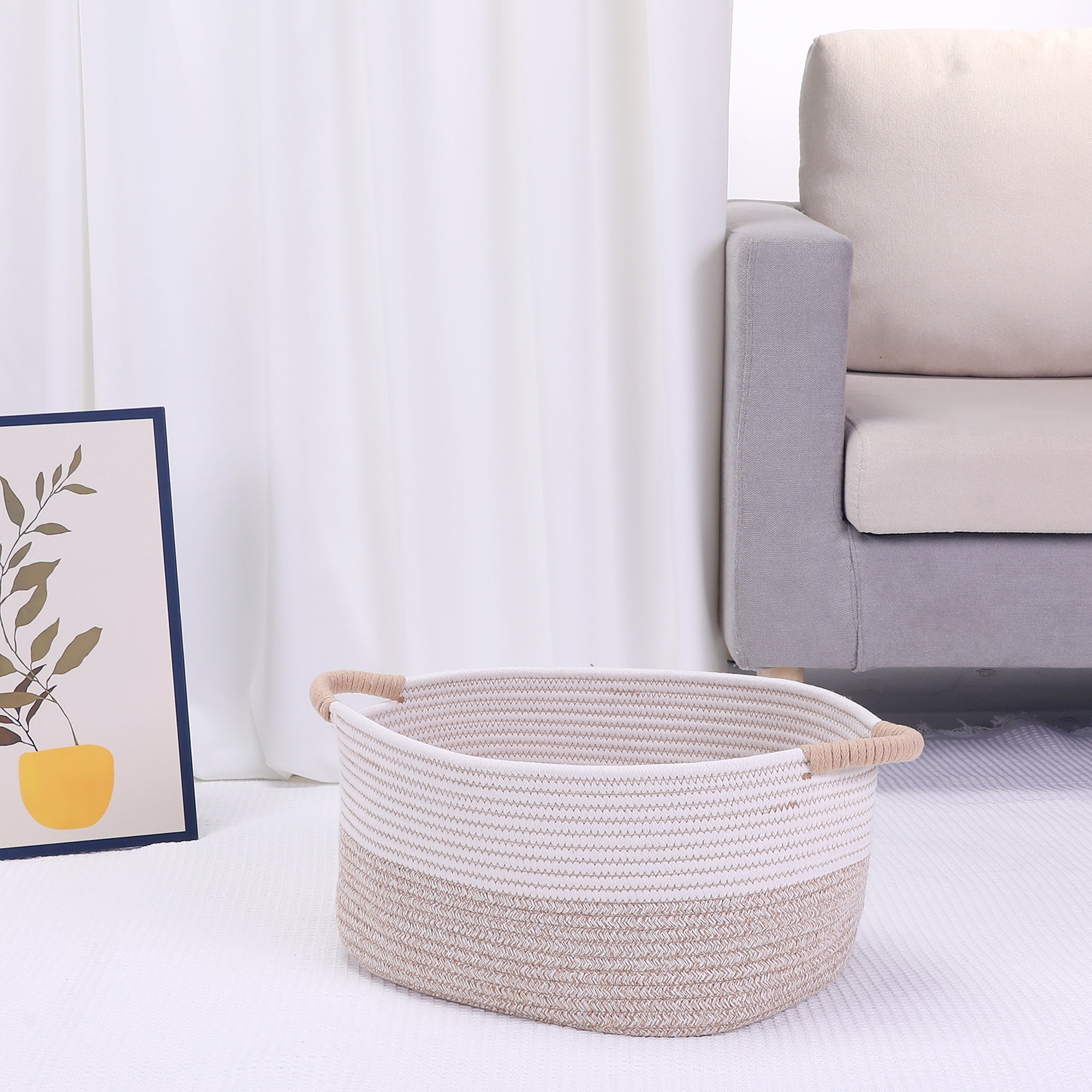 Unique Bargains Woven Storage Basket Bin with Handles White/Khaki 15.5*11.5*7.5in