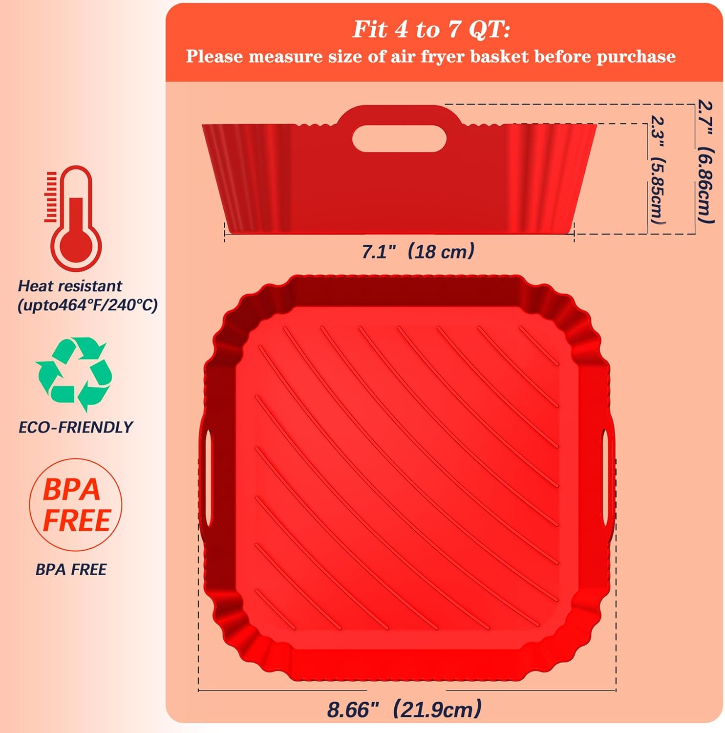 JJEAN-2 Pcs Silicone Air Fryer Liners Reusable Square 8.6 Inch Thickened Airfryer Basket for 4 to 7 QT Baking Tray Accessories Kitchen Gadgets Replacement of Flammable Disposable Parchment Paper