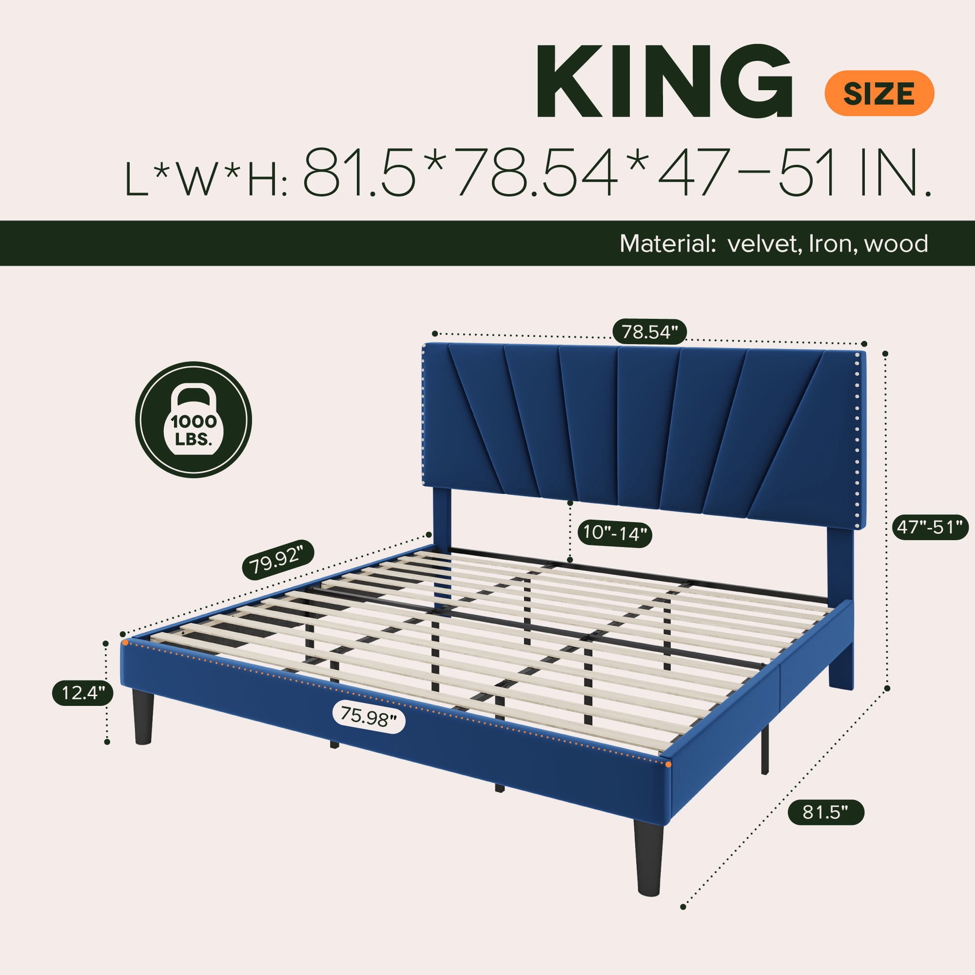 Einfach King Size Premium Velvet Upholstered Platform Bed Frame with Adjustable Headboard,Under-Bed Storage,Heavy-Duty Metal Support, Noise-Free Slats, Blue