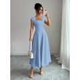 thumbnail image 4 of Blue Womens Square Neck Cinched Waist A-Line Midi Dress For Spring Summer Casual Vacation, 4 of 7