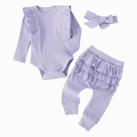 Vedolay Baby Girl Clothes Girl Long Sleeve Ruffle Romper Cotton Pant Sets Fall Winter Outfit (Light Purple,3-6 Months)