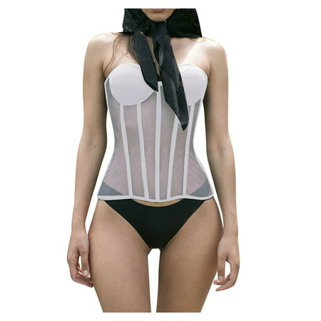 

Women Solid Mesh Waist Bra With Lace Up Blouse Solid Mesh Corset Bra Splicing Lace Slim Fit Tube Top White L