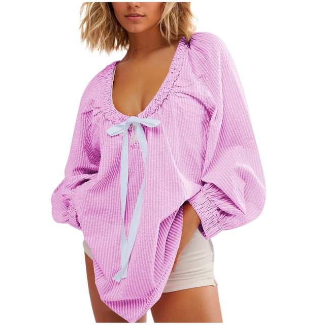 Pisexur Hauts pour Femmes Mode Chemises à Rayures à Manches Longues pour Femmes Décontractées Chic Col Rond Chemises à Cordon Confort Amples Hauts de Sortie Blouses