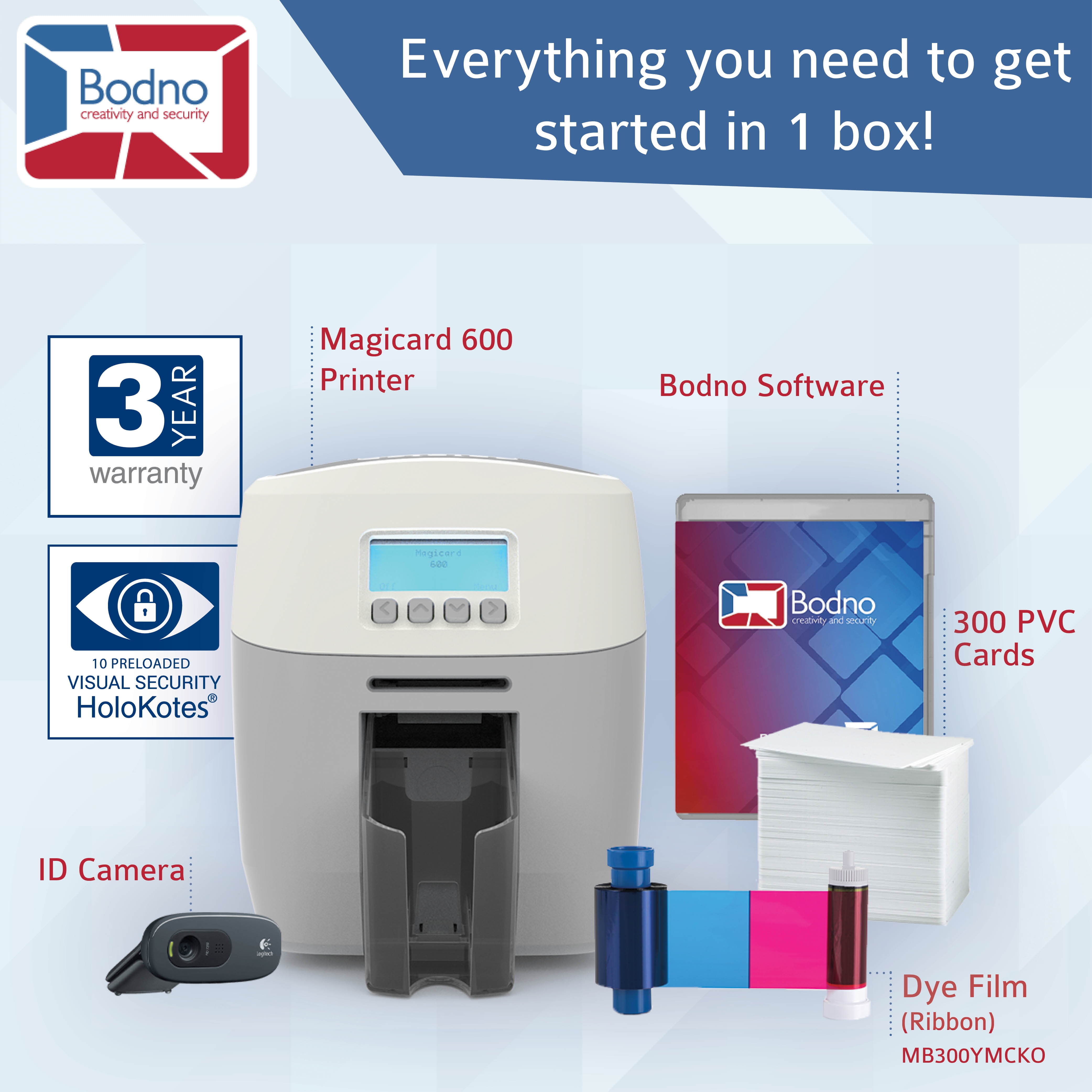 Magicard 600 ID Card Printer, Dual-Sided | Prints Plastic ID Cards and Badges w/ HoloKote Complete Package Includes Dye Film Ribbon, PVC Cards, Silver Edition Bodno Software, Webcam - Walmart.com