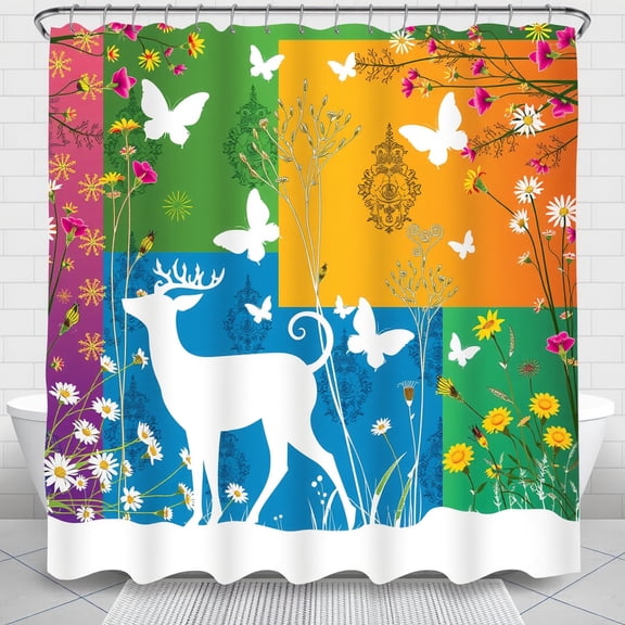 Colorful Deer Shower Curtain with Floral Design - Whimsical Bathroom Decor