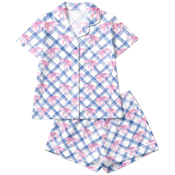 RUTAYY Girls Pajama Set Gingham Bow Pattern 2 Piece Sleepwear Short Sleeve Lapel Collar Kids Daily Night Wear White