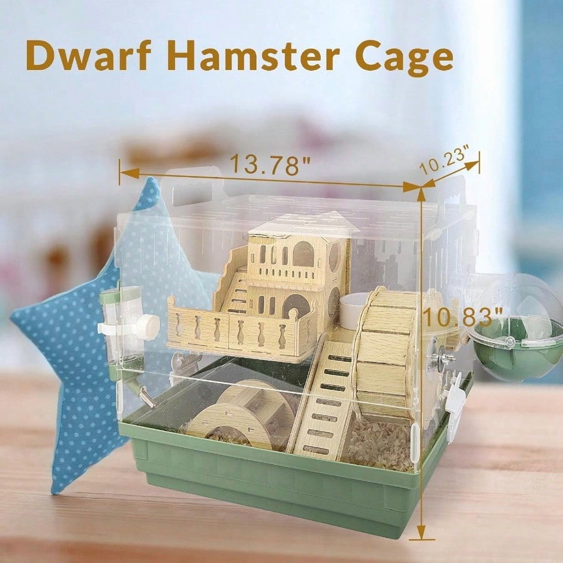 8 in 1 Acrylic Hamster Cage2Tier Dwarf Hamster Cage with Wooden Wheel Hideout Small Hamster Habitat with Accories Clear Pet Mice House Green 14 L10 W11 H