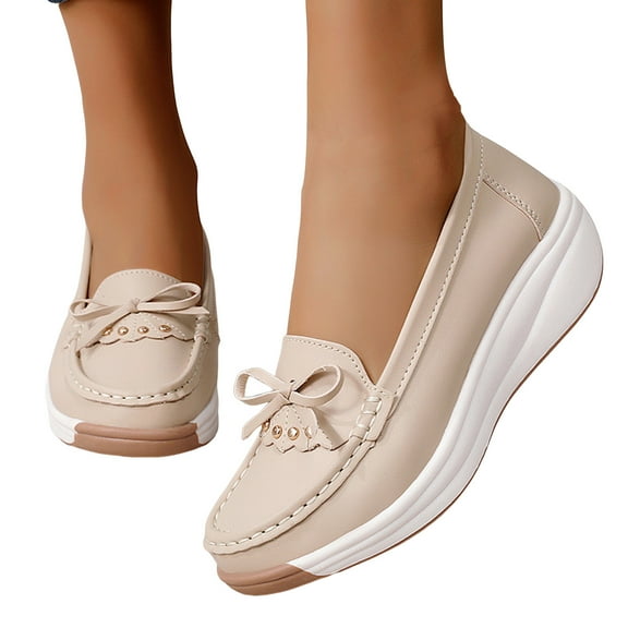 Women's Platform Wedge Slip on Penny Loafers Bow Casual Leather Chunky Walking Shoes for Work Spring Fall
