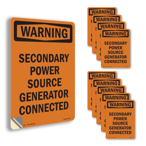 Secondary Power Source Generator OSHA WARNING Vinyl Decal Label 7 Inch x 5 Inch - 10 Pack