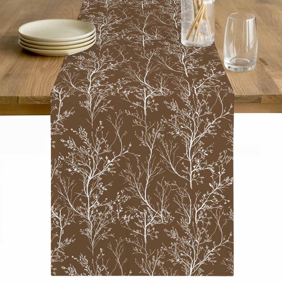 Brown Botanical Table Runner - 108 Inch Long Vintage Floral Plants Branch Cotton and Linen Blended Dress Scarves Farmhouse Table Runner for Kitchen Dining, Coffee Table, 13" x 108"