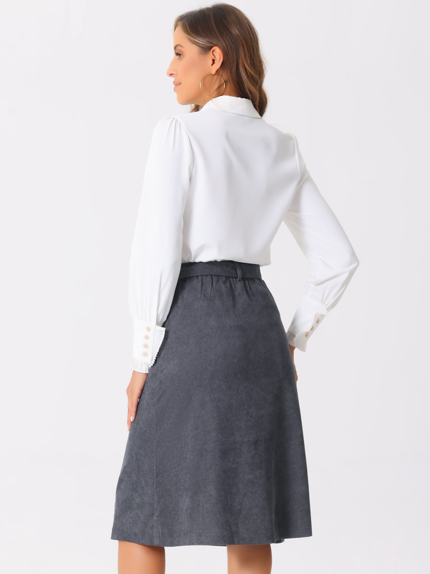 DARING DIVA Women's A-Line Belted Fall Midi Corduroy Skirt L Dark Grey