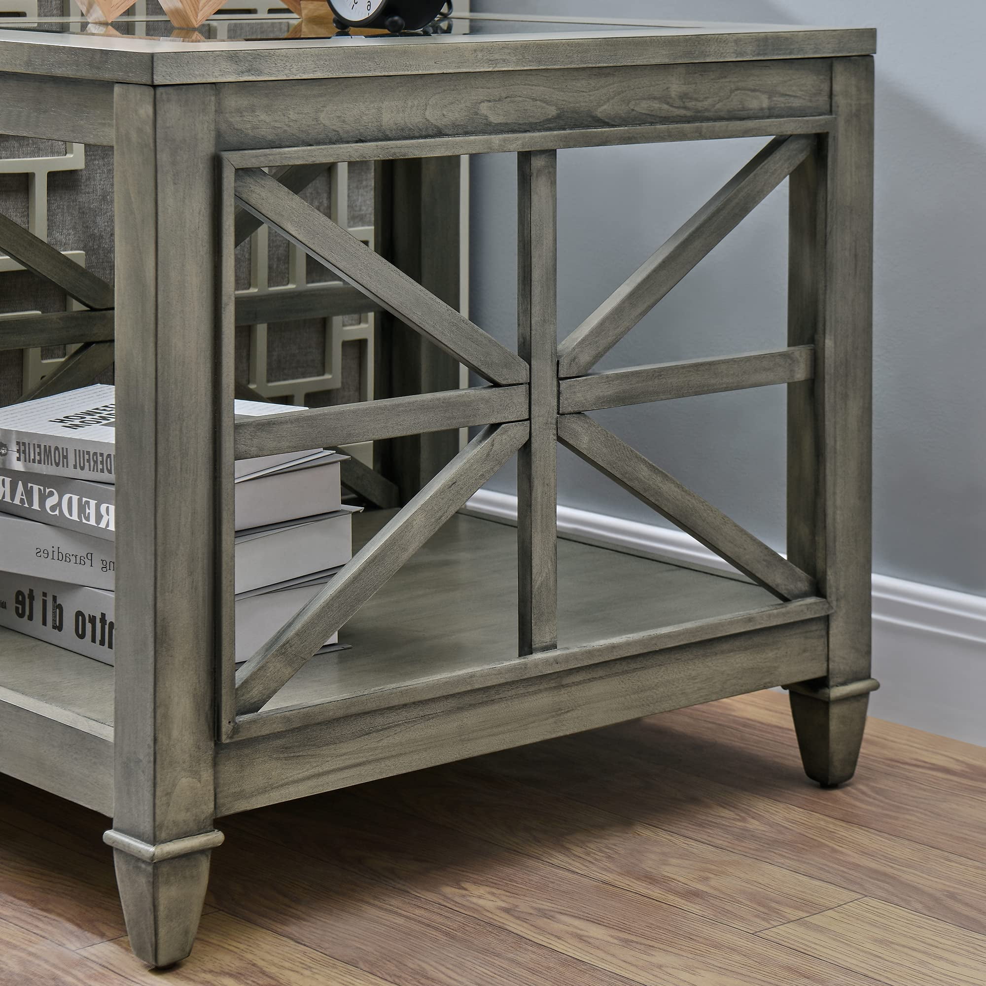 JESONVID Farmhouse End Table Living Room, Furniture Solid Wood Square Large Side Tables with Storage Chairside Coffee Table Tempered Glass Top Design Antique Gray