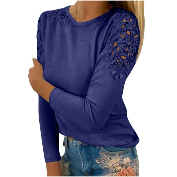LEAVINGSUO Long Sleeve Shirts for Women, Fall Womens Tops Fashion Women Casual Round-Neck Lace Hollow Out Long Sleeve Pullover Slimming Blouse T-Shirt Tops Dark Blue XXXXL