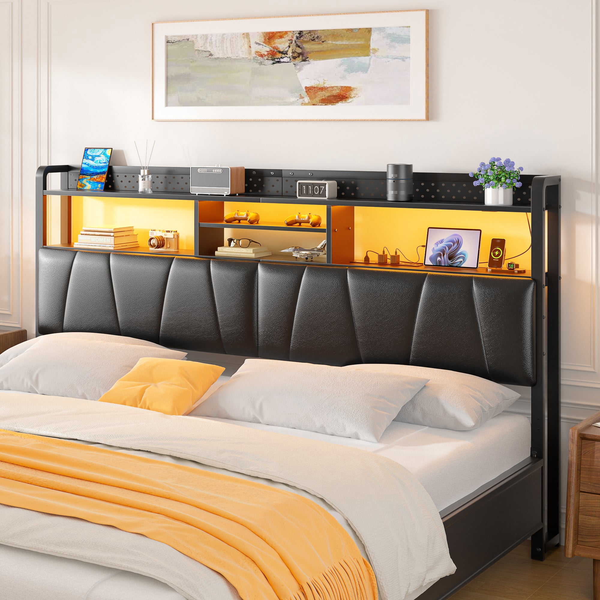 Homieasy Queen Upholstered Headboard with Storage Shelves, Queen Size Headboard with Power Outlets & LED Lights for Queen Bed, Sturdy Queen Bed Headboard for Bedroom/Dorm Room, Black