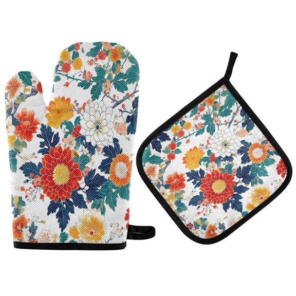Yayeee Oven Mitts and Pot Holder Set of 2 Heat Resistant Kitchen Gloves Baking Hot Pad, Colorful Flowers Pattern